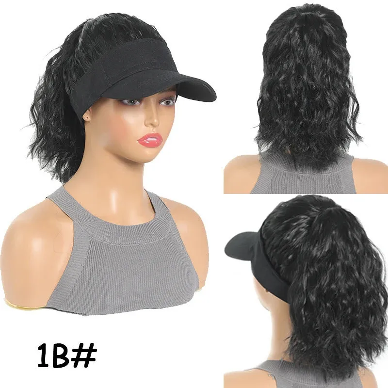 Women's short hairstyle hooded wig with horse tail waves on nude hat base in multiple colour options