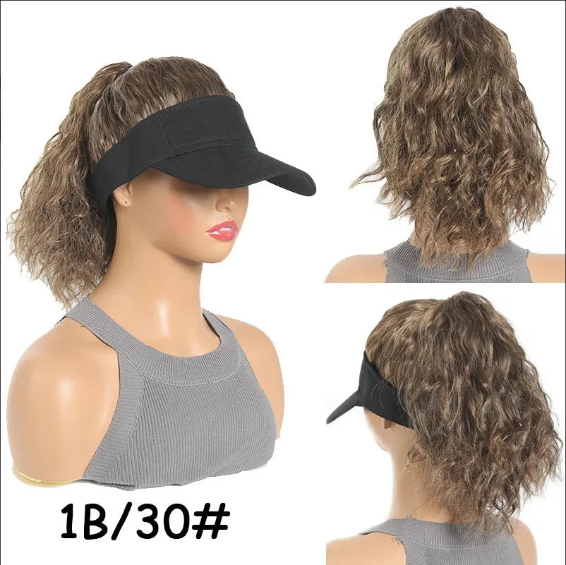 Women's short hairstyle hooded wig with horse tail waves on nude hat base in multiple colour options