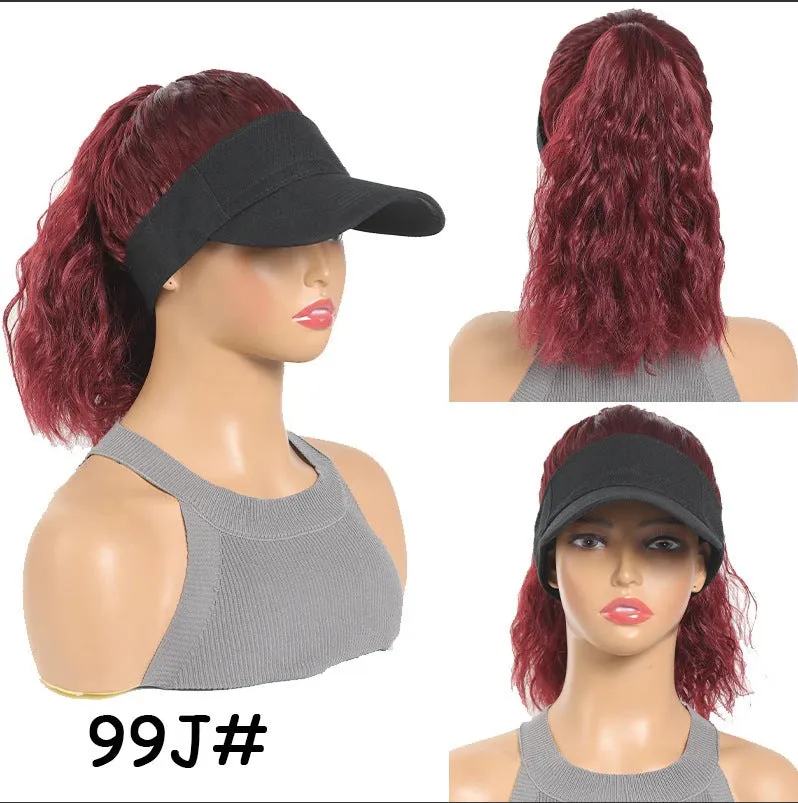 Women's short hairstyle hooded wig with horse tail waves on nude hat base in multiple colour options