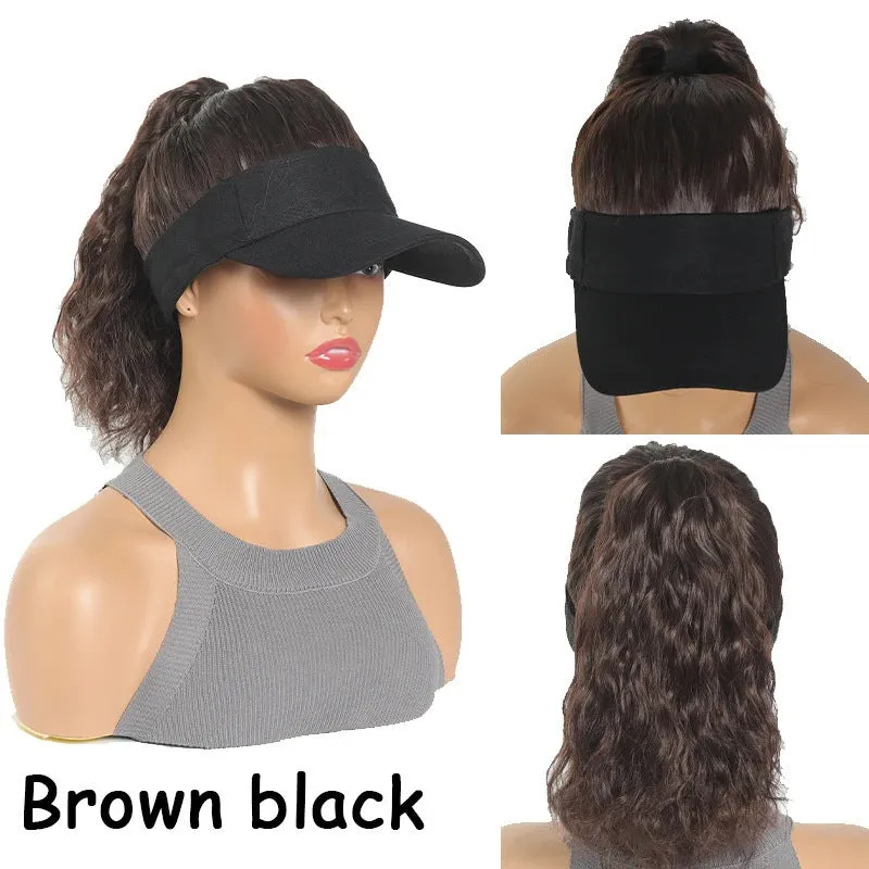 Women's short hairstyle hooded wig with horse tail waves on nude hat base in multiple colour options