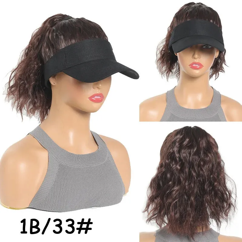 Women's short hairstyle hooded wig with horse tail waves on nude hat base in multiple colour options