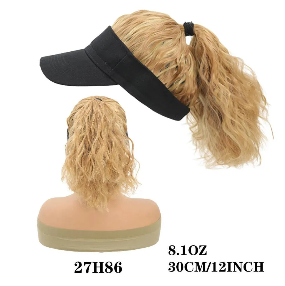 Women's short hairstyle hooded wig with horse tail waves on nude hat base in multiple colour options