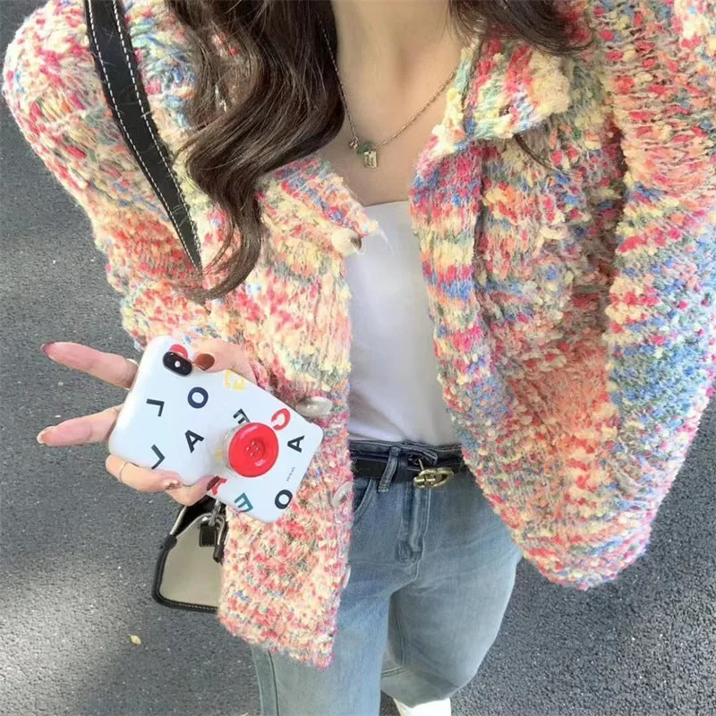 Retro rainbow pattern knitted cardigan sweater in pink or green with toothbrush hair fabric texture