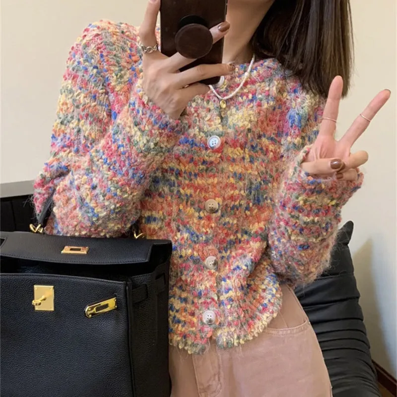 Retro rainbow pattern knitted cardigan sweater in pink or green with toothbrush hair fabric texture