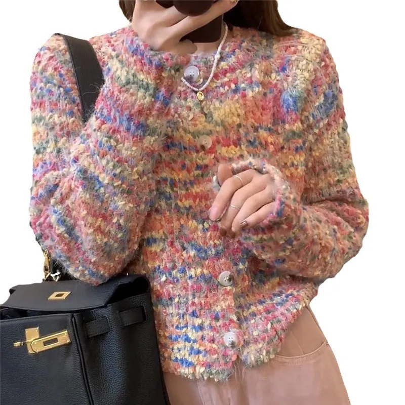Retro rainbow pattern knitted cardigan sweater in pink or green with toothbrush hair fabric texture