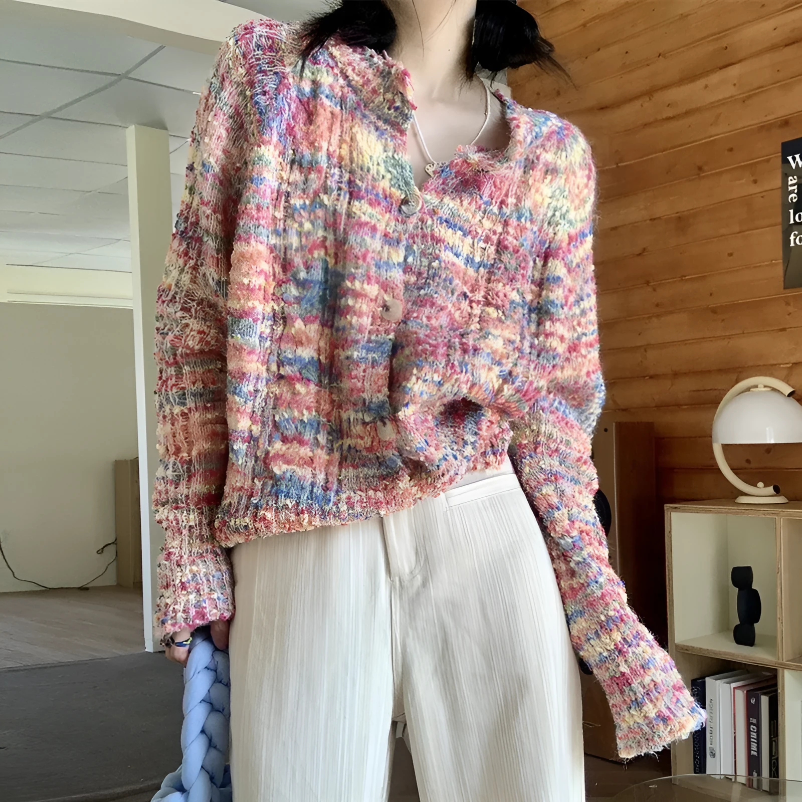 Retro rainbow pattern knitted cardigan sweater in pink or green with toothbrush hair fabric texture
