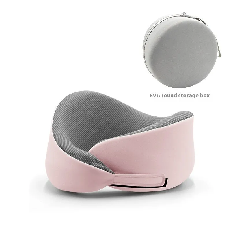 Light grey U-shaped memory foam neck pillow on a white background.