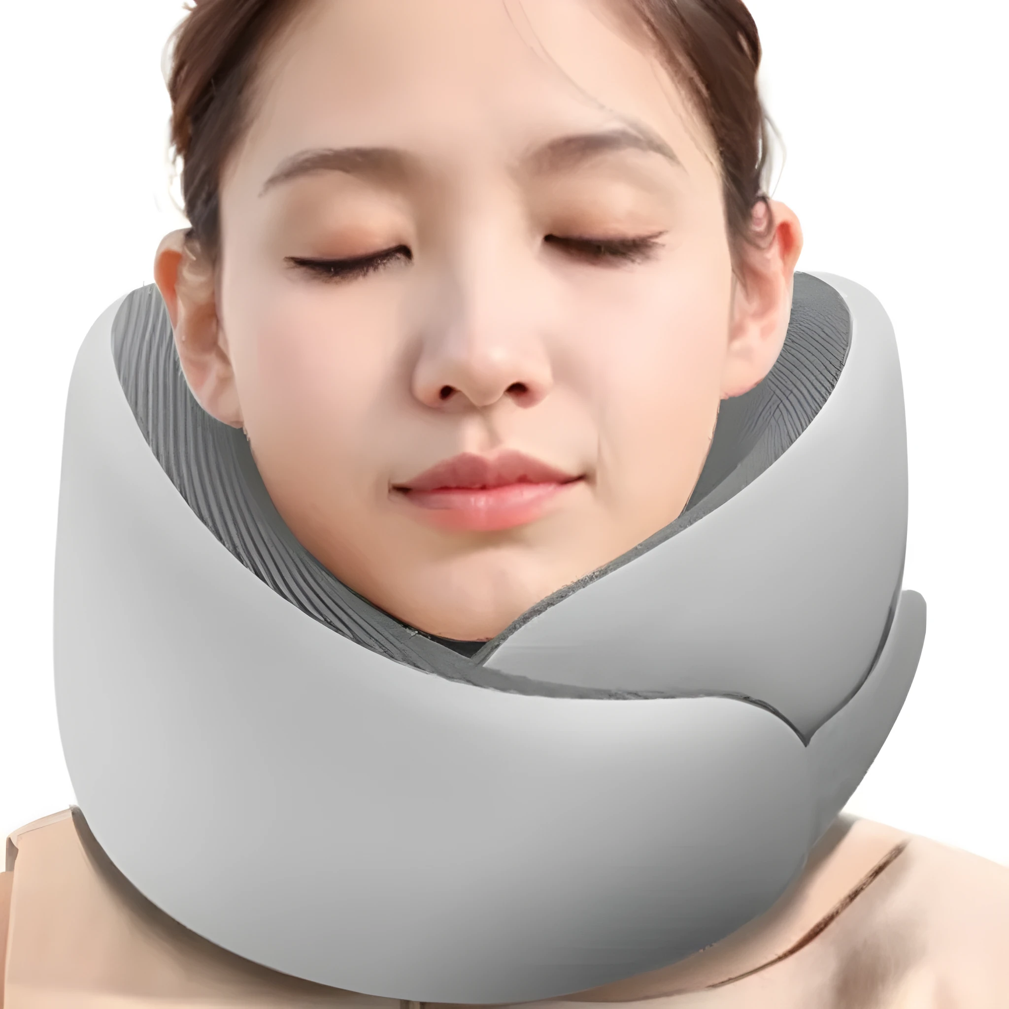 Light grey U-shaped memory foam neck pillow on a white background.