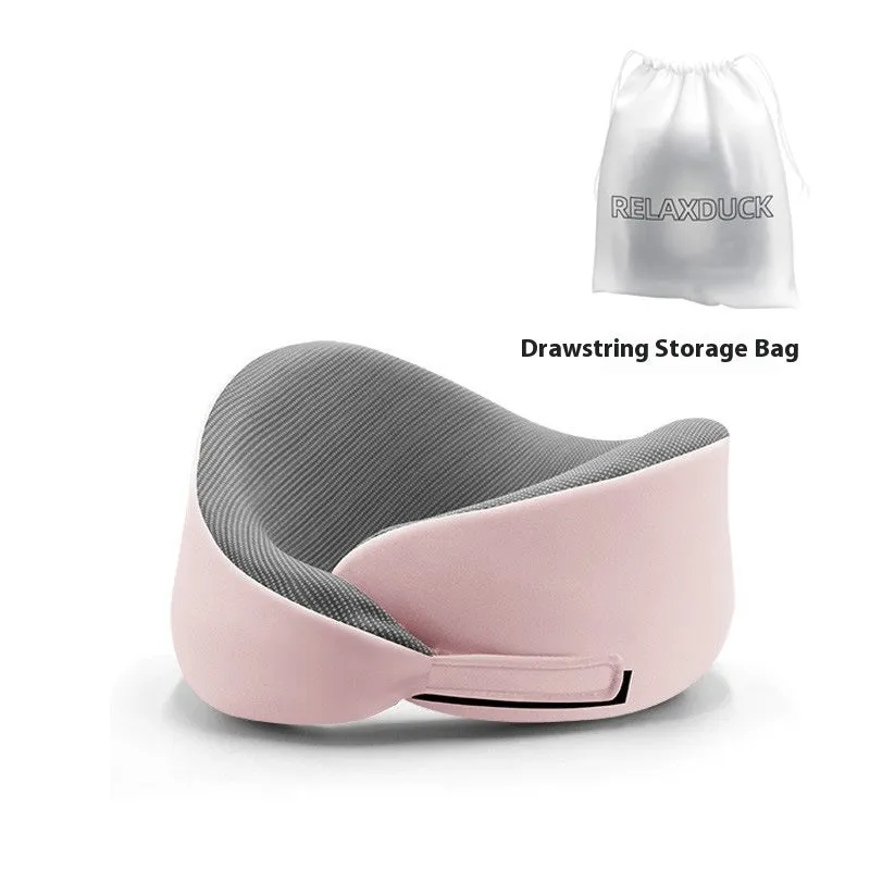 Light grey U-shaped memory foam neck pillow on a white background.