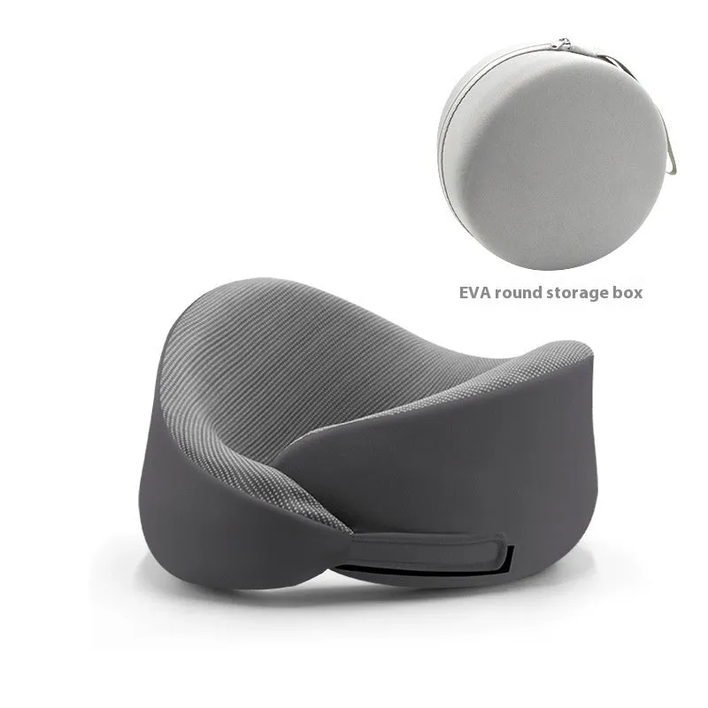 Light grey U-shaped memory foam neck pillow on a white background.
