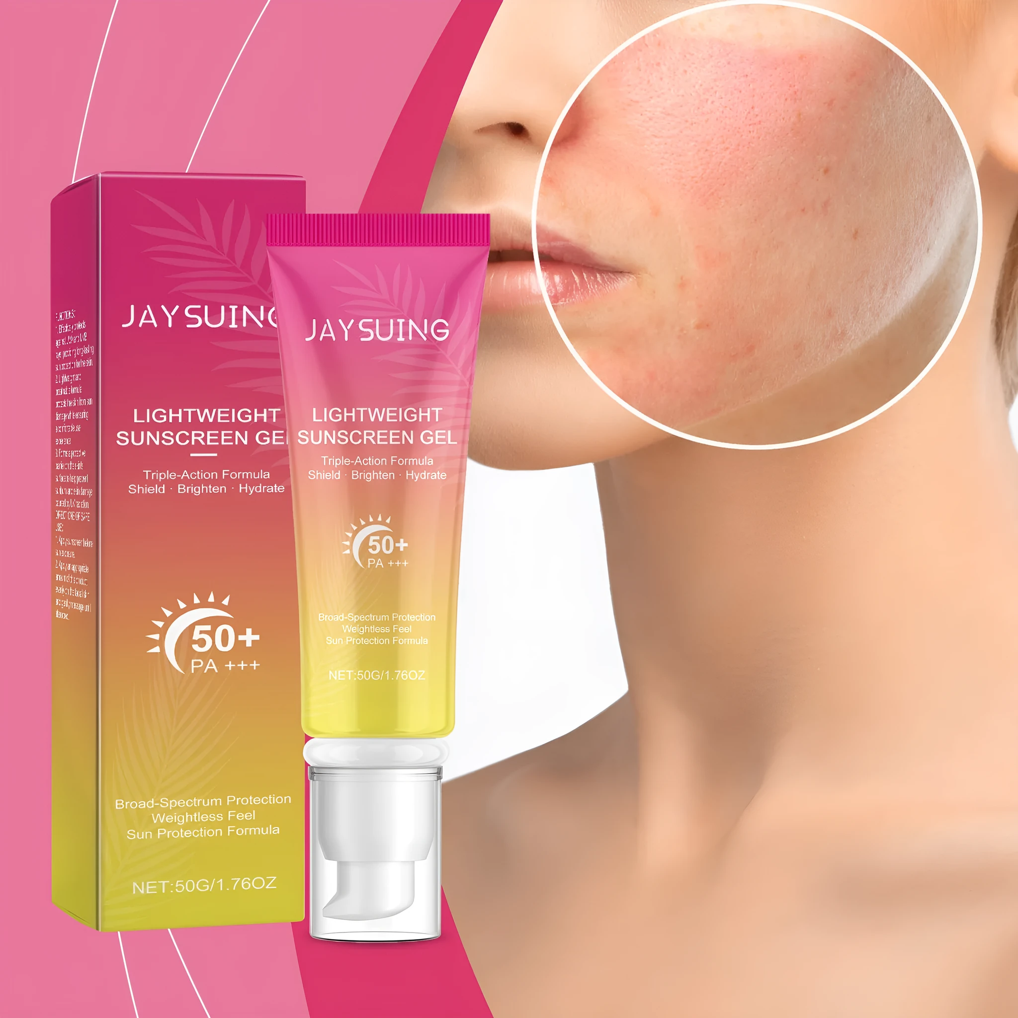 Lightweight sunscreen cream in 50g packaging with natural extracts for all skin types