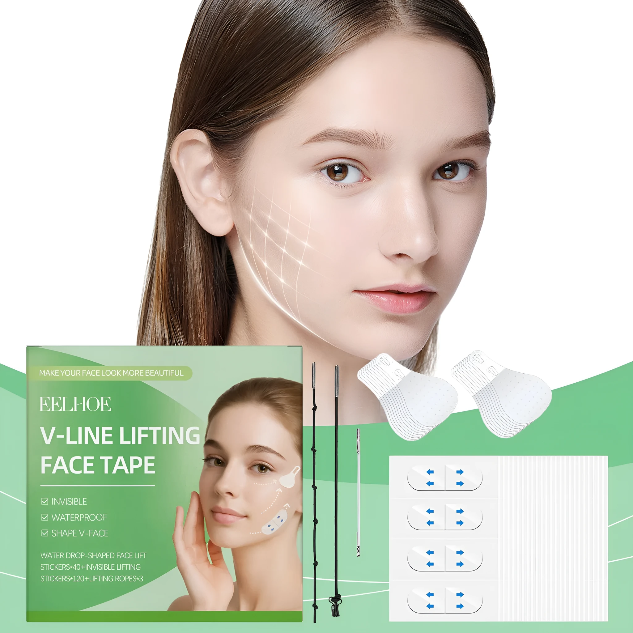 Invisible face lift tape patches and black lifting ropes with hook closures for facial firming
