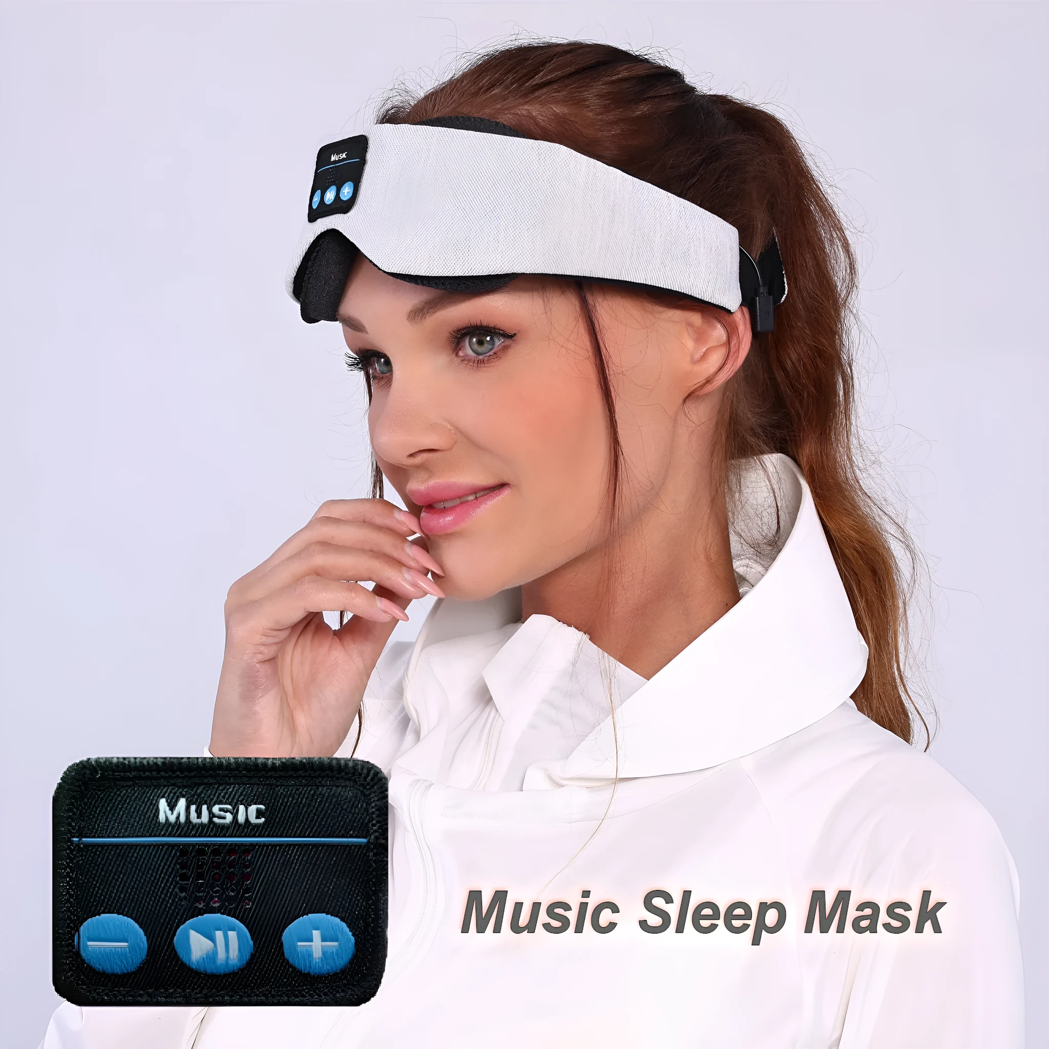 Grey polyester Bluetooth sleeping eye mask with elastic headband