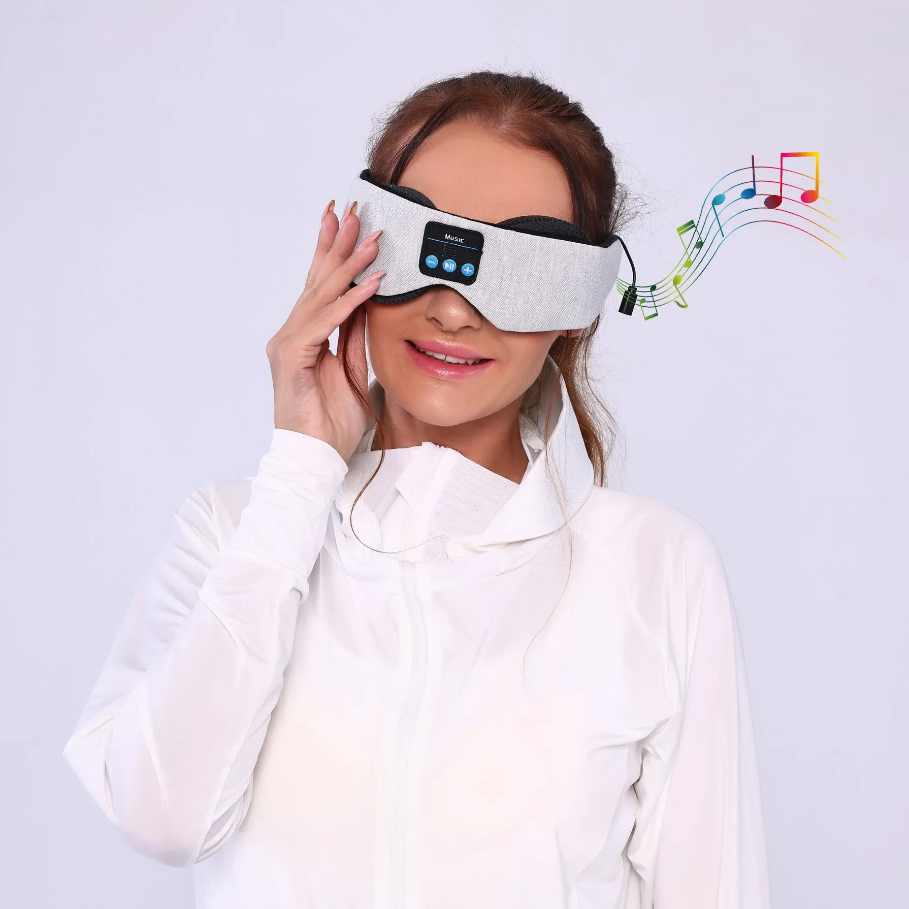 Grey polyester Bluetooth sleeping eye mask with elastic headband