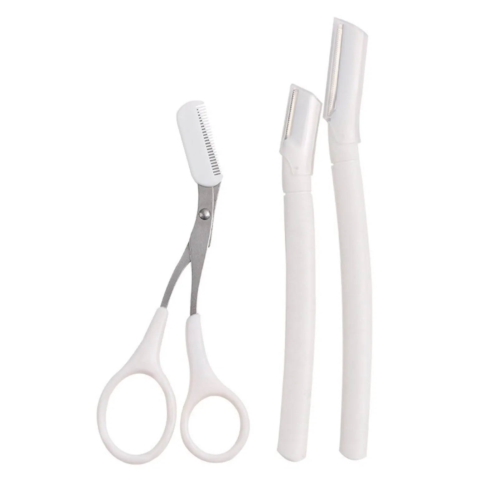 Eyebrow trimming tool set with safety guard and protective blade cover for home grooming
