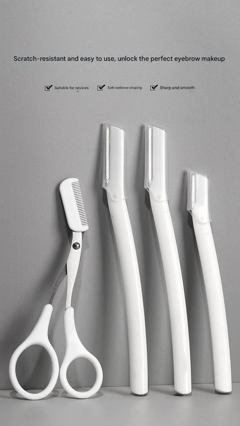 Eyebrow trimming tool set with safety guard and protective blade cover for home grooming