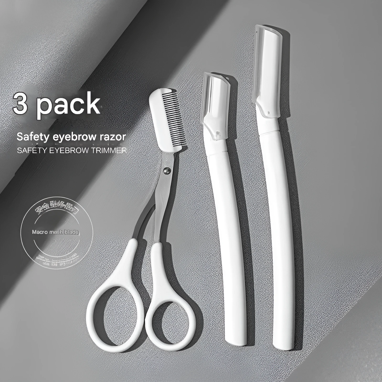 Eyebrow trimming tool set with safety guard and protective blade cover for home grooming