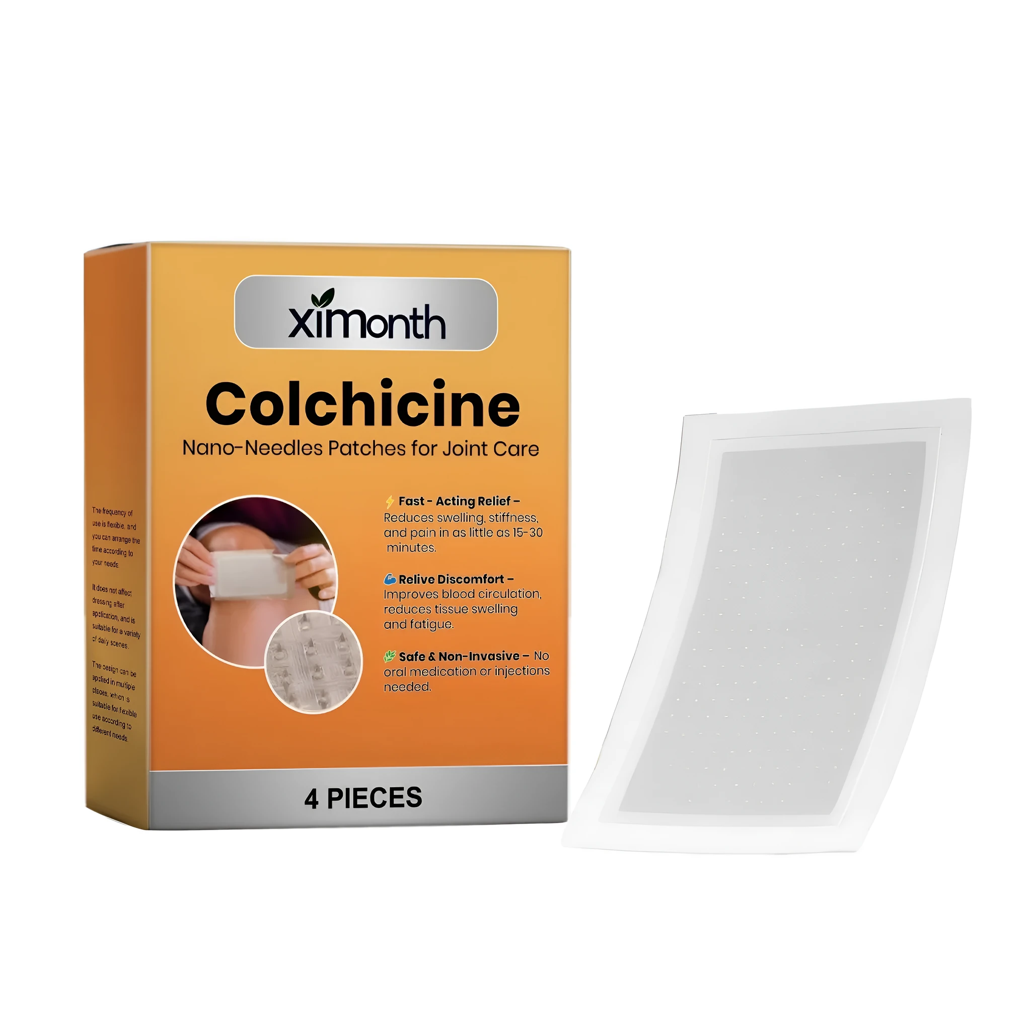 Four nano-microneedle skincare patches containing colchicine, mint, and allantoin.