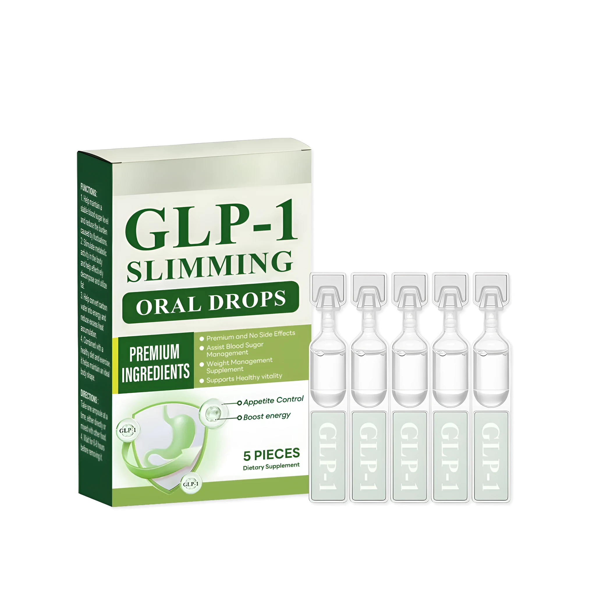 Five small bottles of Vitality slimming drops, a liquid dietary supplement.