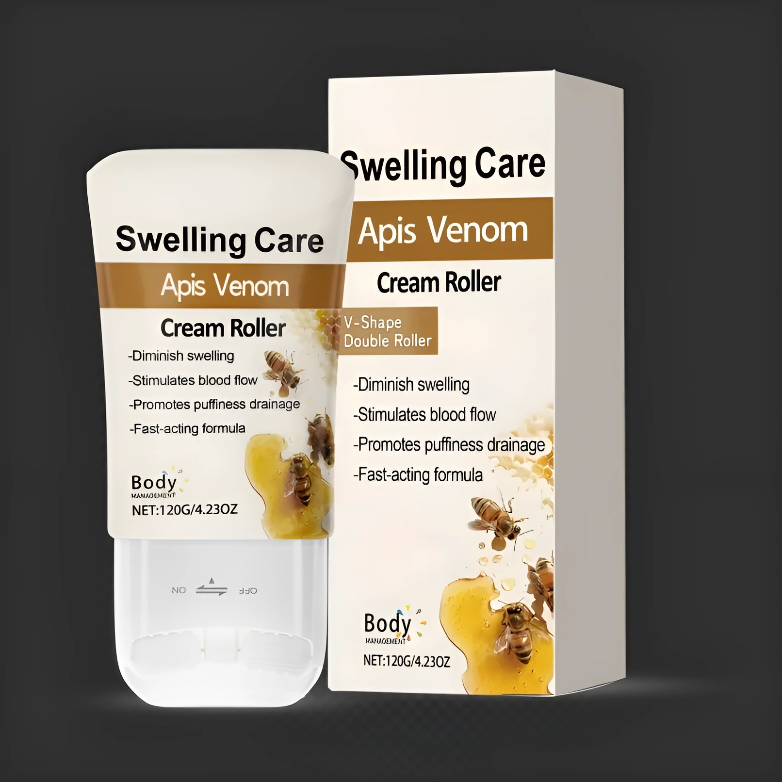 120g container of facial moisturising cream with a detumescence shaping roller for contour care.