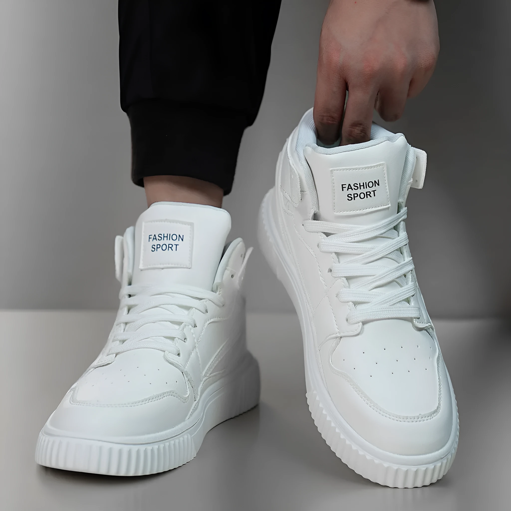 Men's white microfiber casual shoes with round toe design for autumn winter wear