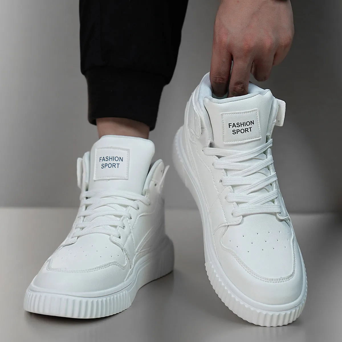 Men's white microfiber casual shoes with round toe design for autumn winter wear