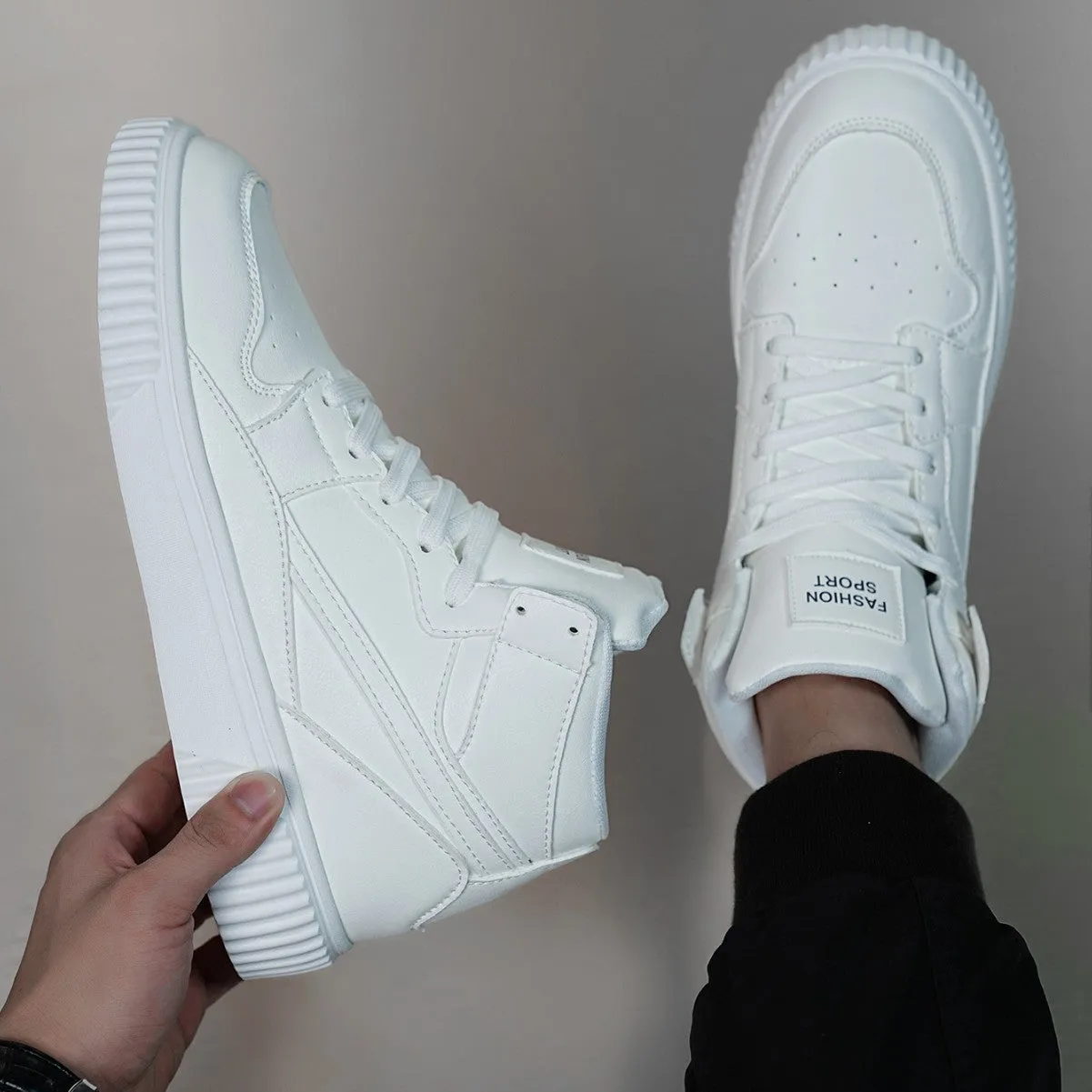 Men's white microfiber casual shoes with round toe design for autumn winter wear
