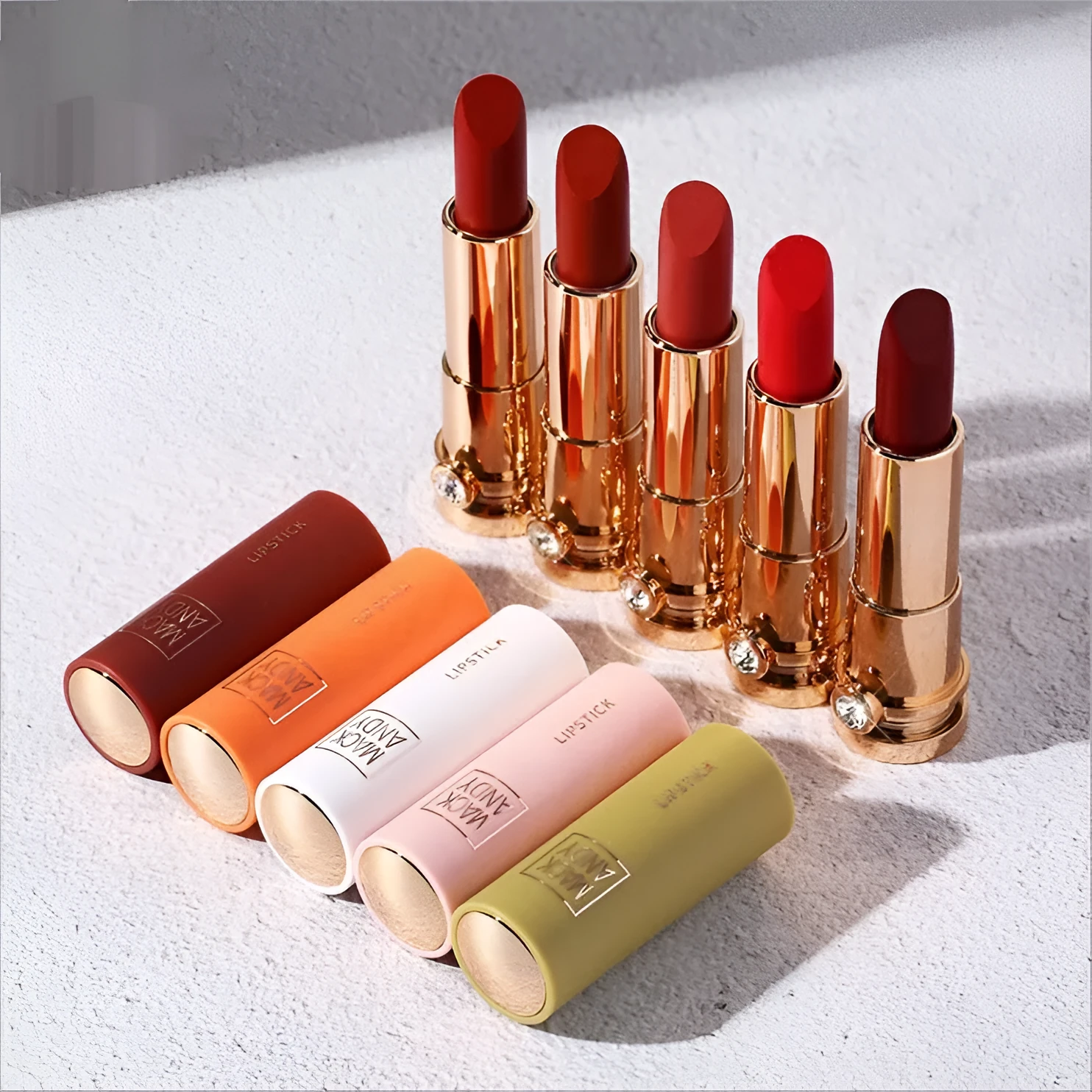 Macaron diamond velvet charm 5 pieces lipstick kit with multiple colour options in boxed packaging