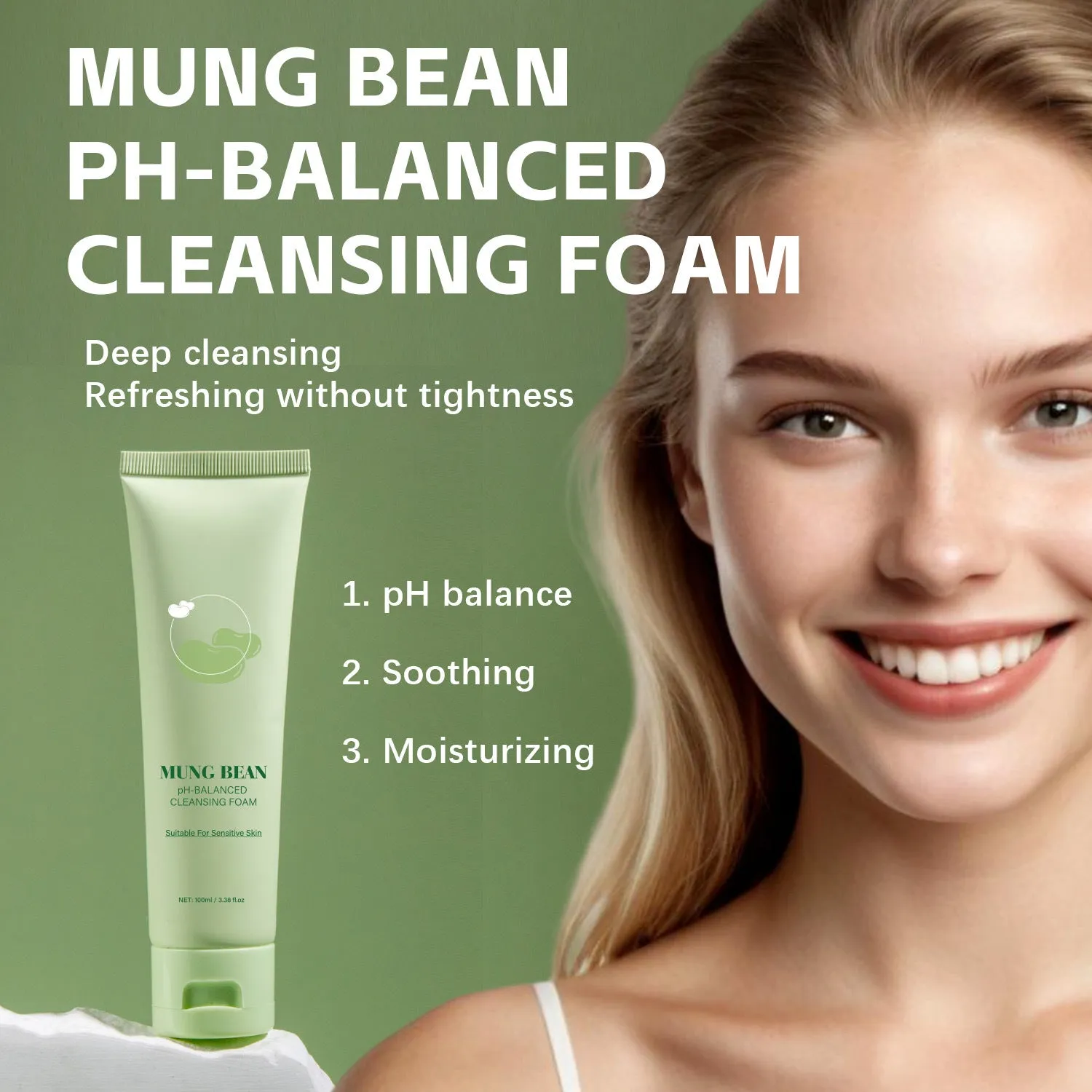 100ml mung bean PH balance cleansing foam bottle for facial wash and makeup removal