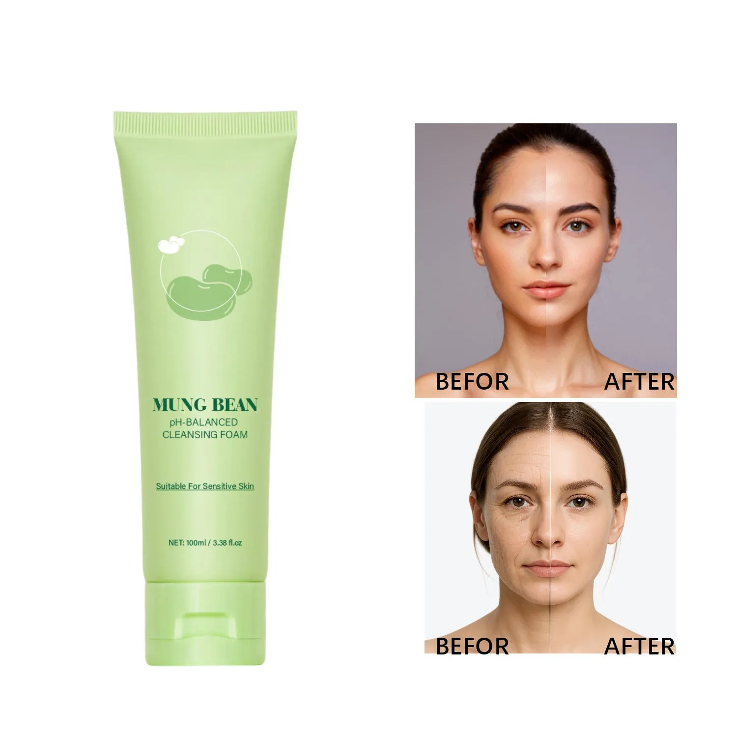 100ml mung bean PH balance cleansing foam bottle for facial wash and makeup removal