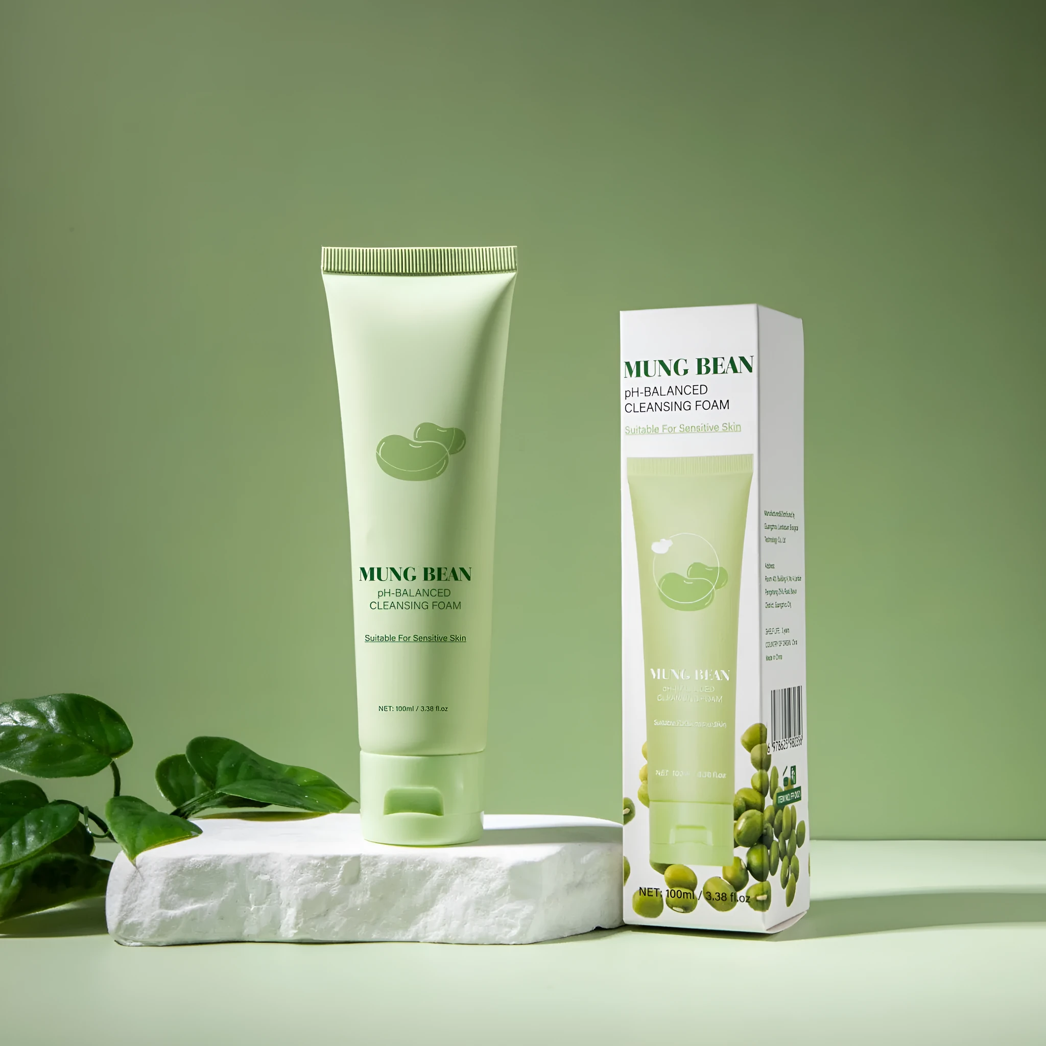 100ml mung bean PH balance cleansing foam bottle for facial wash and makeup removal