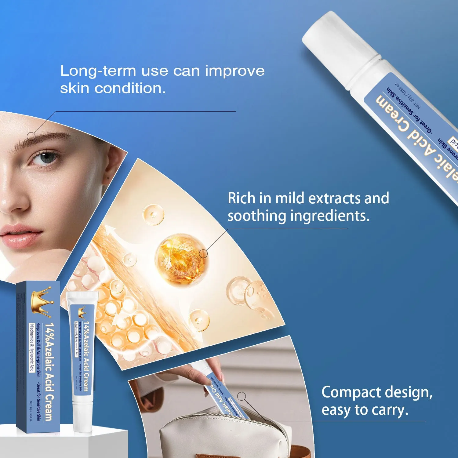 Blue tube of 30g azelaic acid cream with FP-A035 specification code