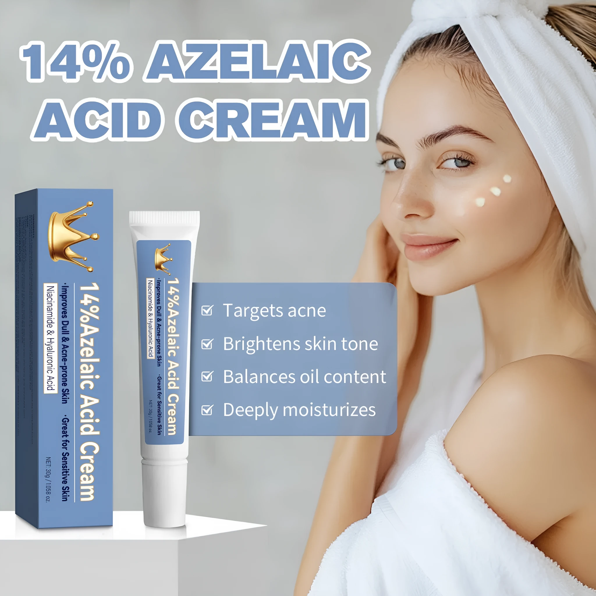 Blue tube of 30g azelaic acid cream with FP-A035 specification code