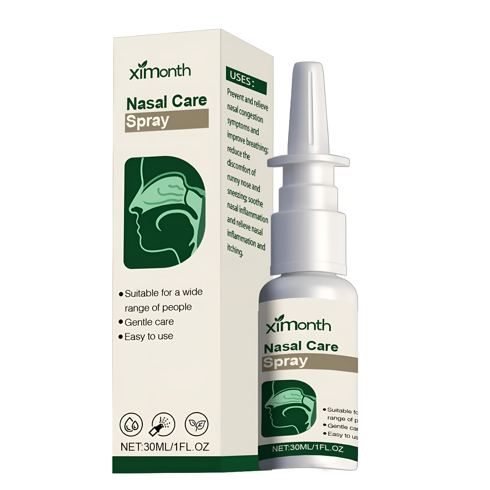 30ml bottle of nasal care spray with botanical extracts for sinus relief