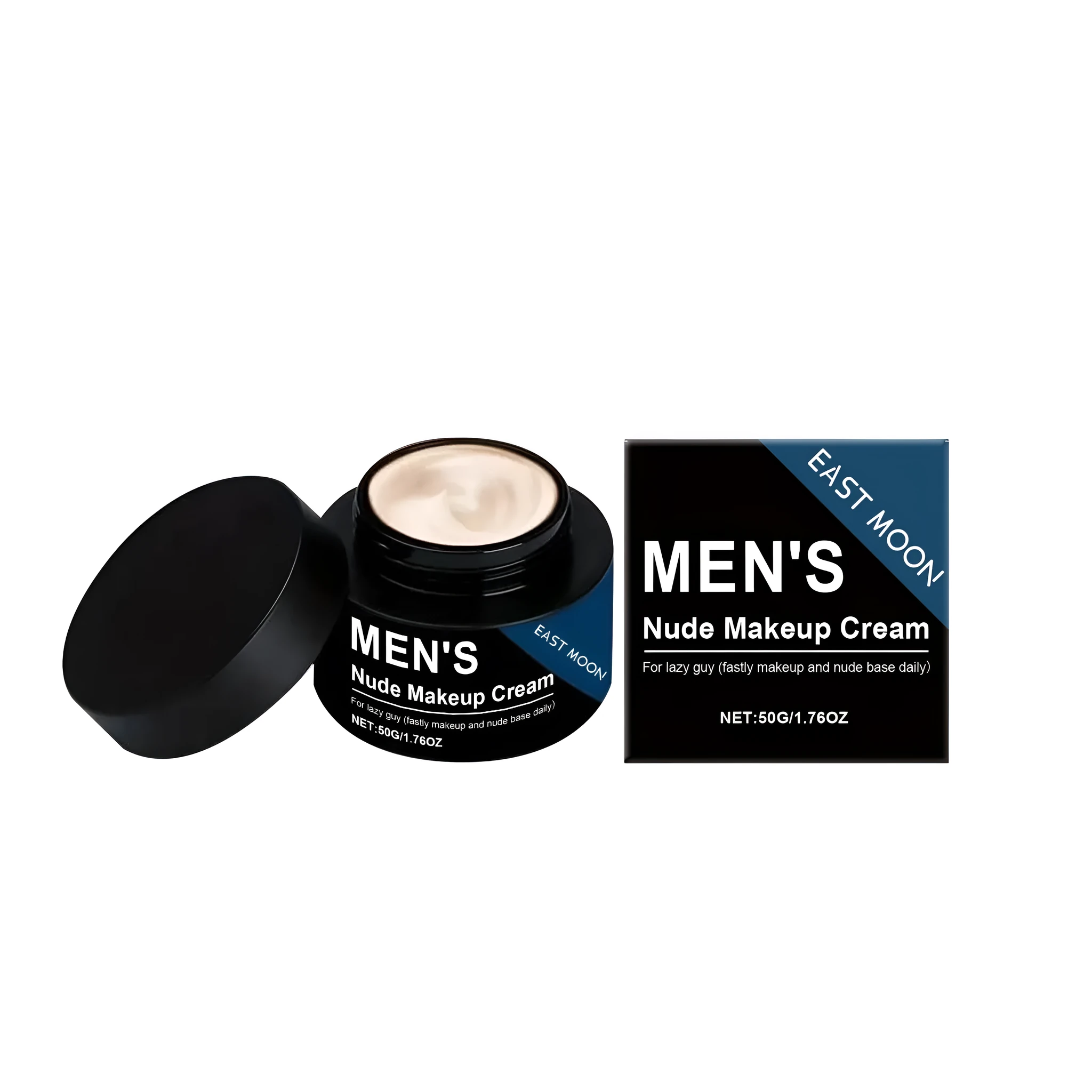 Tube of men's nude makeup cream, 50g, with natural extracts for subtle coverage.