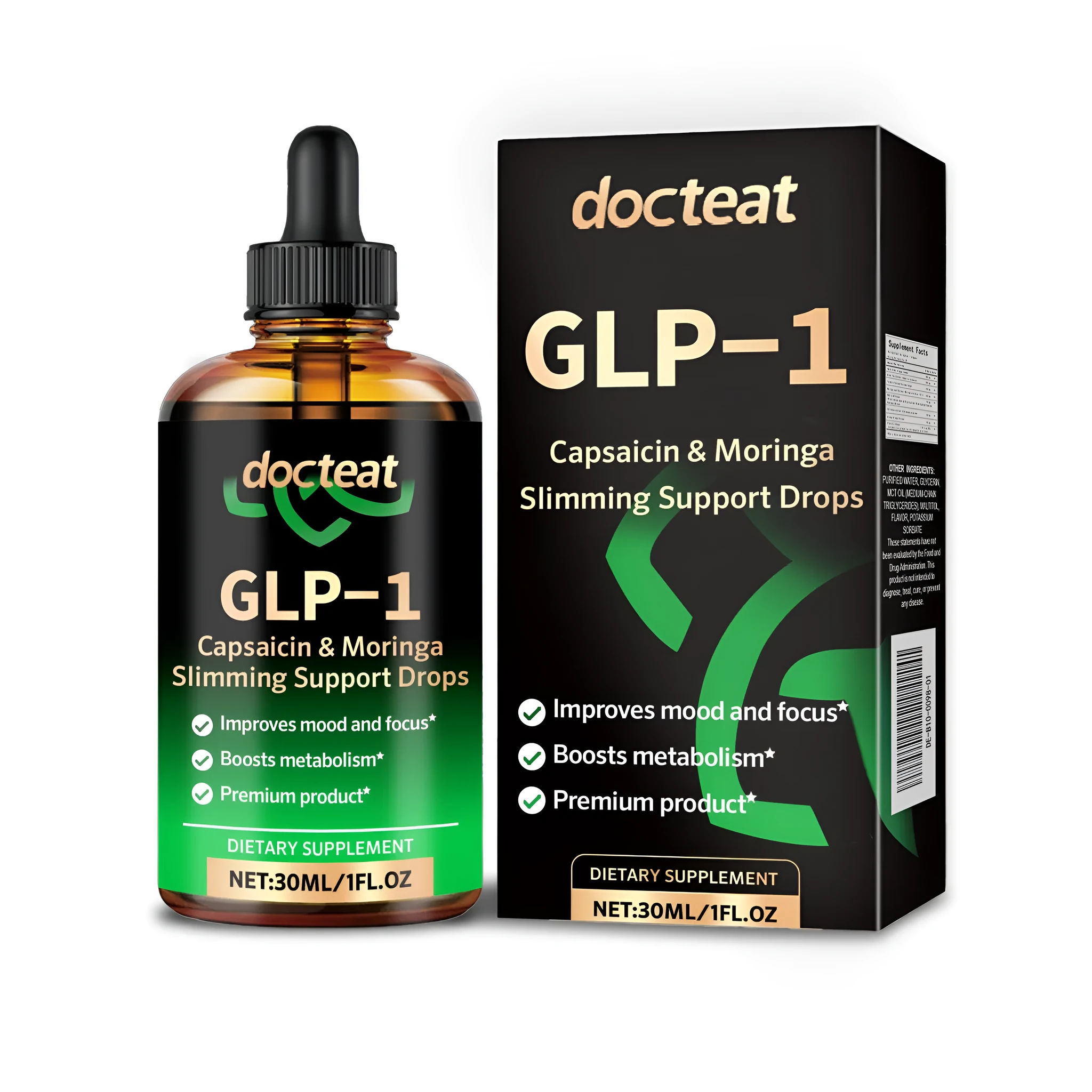 30ml bottle of chili fruit drops dietary supplement with green tea and Moringa leaf extracts.