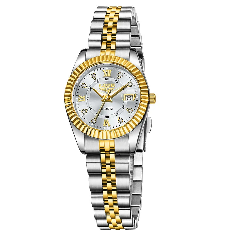 Ladies waterproof quartz watch with gold and silver colour options showing 10mm thickness profile