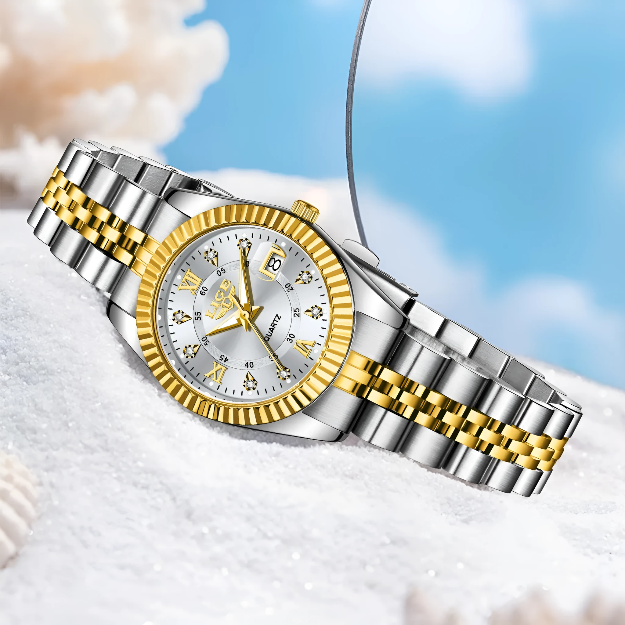 Ladies waterproof quartz watch with gold and silver colour options showing 10mm thickness profile