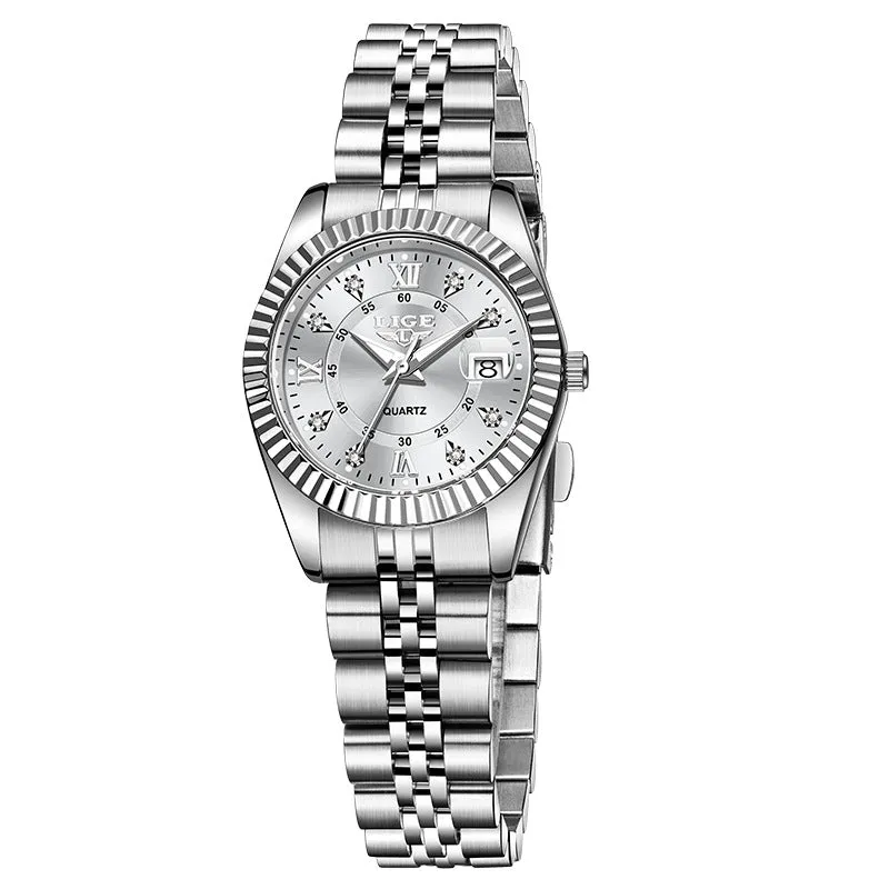Ladies waterproof quartz watch with gold and silver colour options showing 10mm thickness profile
