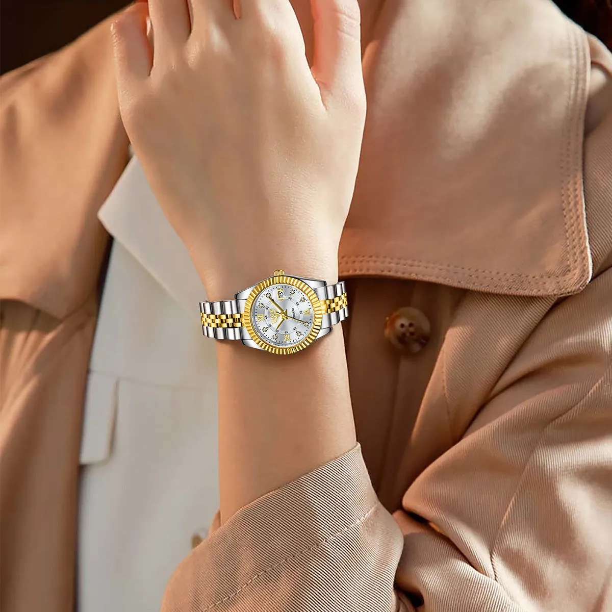 Ladies waterproof quartz watch with gold and silver colour options showing 10mm thickness profile