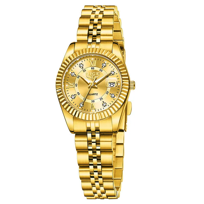 Ladies waterproof quartz watch with gold and silver colour options showing 10mm thickness profile