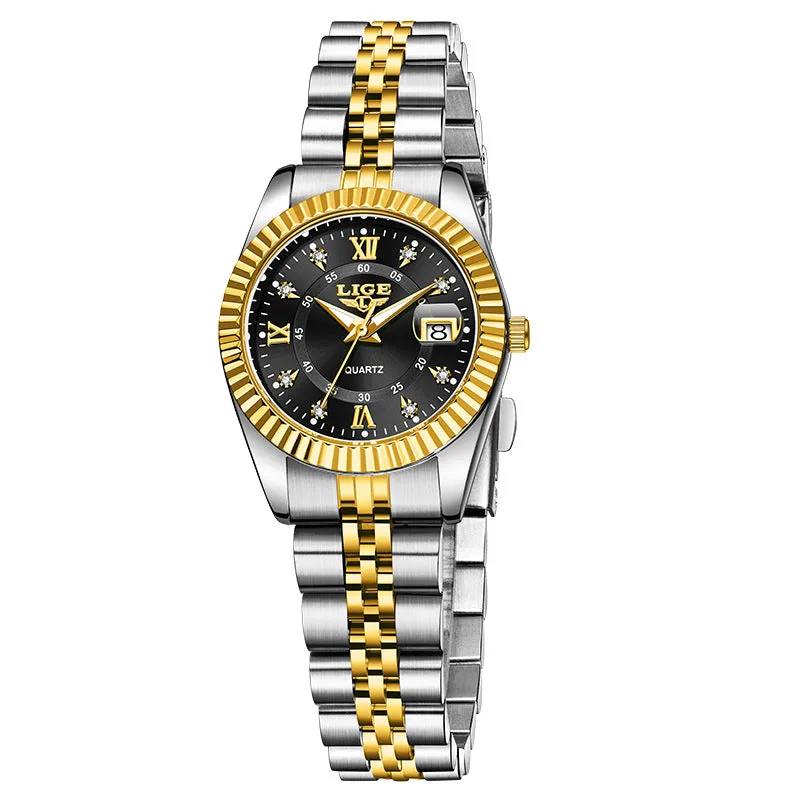 Ladies waterproof quartz watch with gold and silver colour options showing 10mm thickness profile