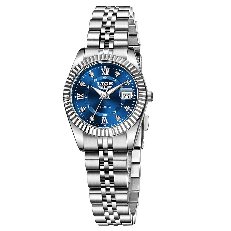 Ladies waterproof quartz watch with gold and silver colour options showing 10mm thickness profile
