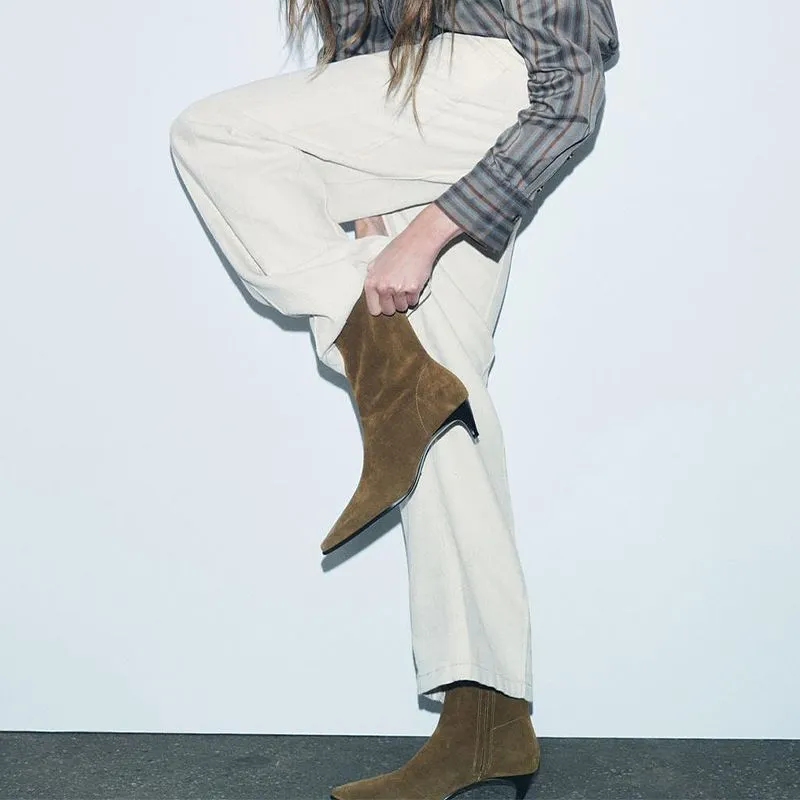 Brown retro square toe kitten heel mid-calf boots with a side zip on a white background