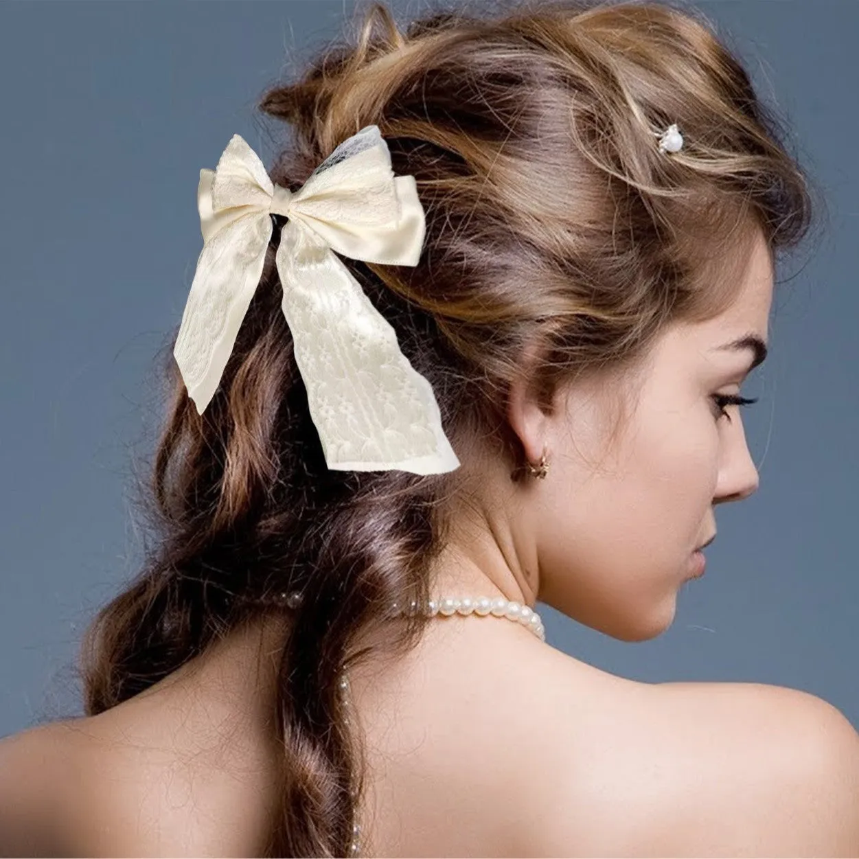 Double layer lace and velvet ribbon bowknot hair band in high elasticity style