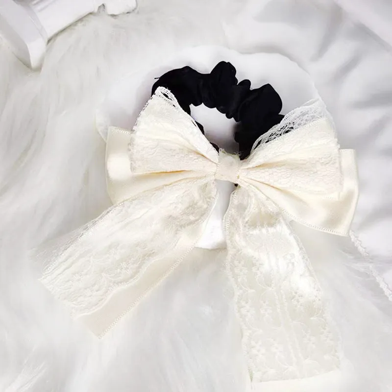 Double layer lace and velvet ribbon bowknot hair band in high elasticity style