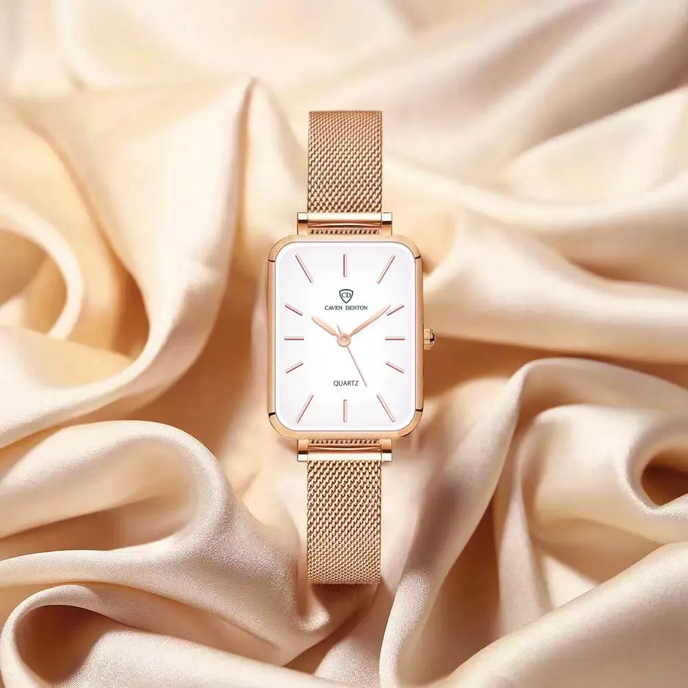 Women's waterproof quartz watch with alloy case and woven steel strap in rose gold or silver