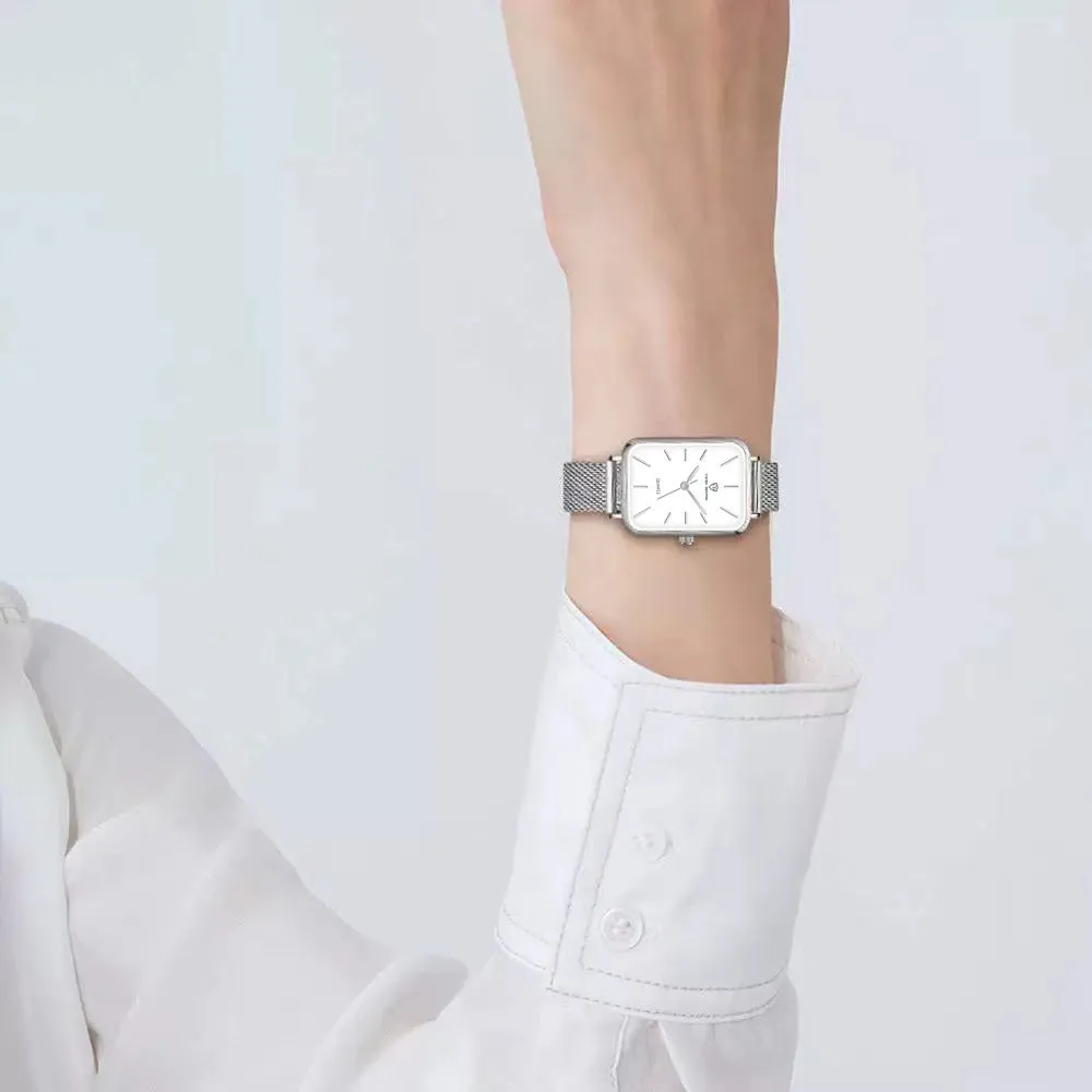 Women's waterproof quartz watch with alloy case and woven steel strap in rose gold or silver
