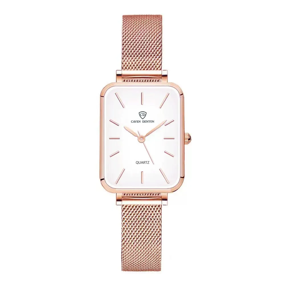 Women's waterproof quartz watch with alloy case and woven steel strap in rose gold or silver