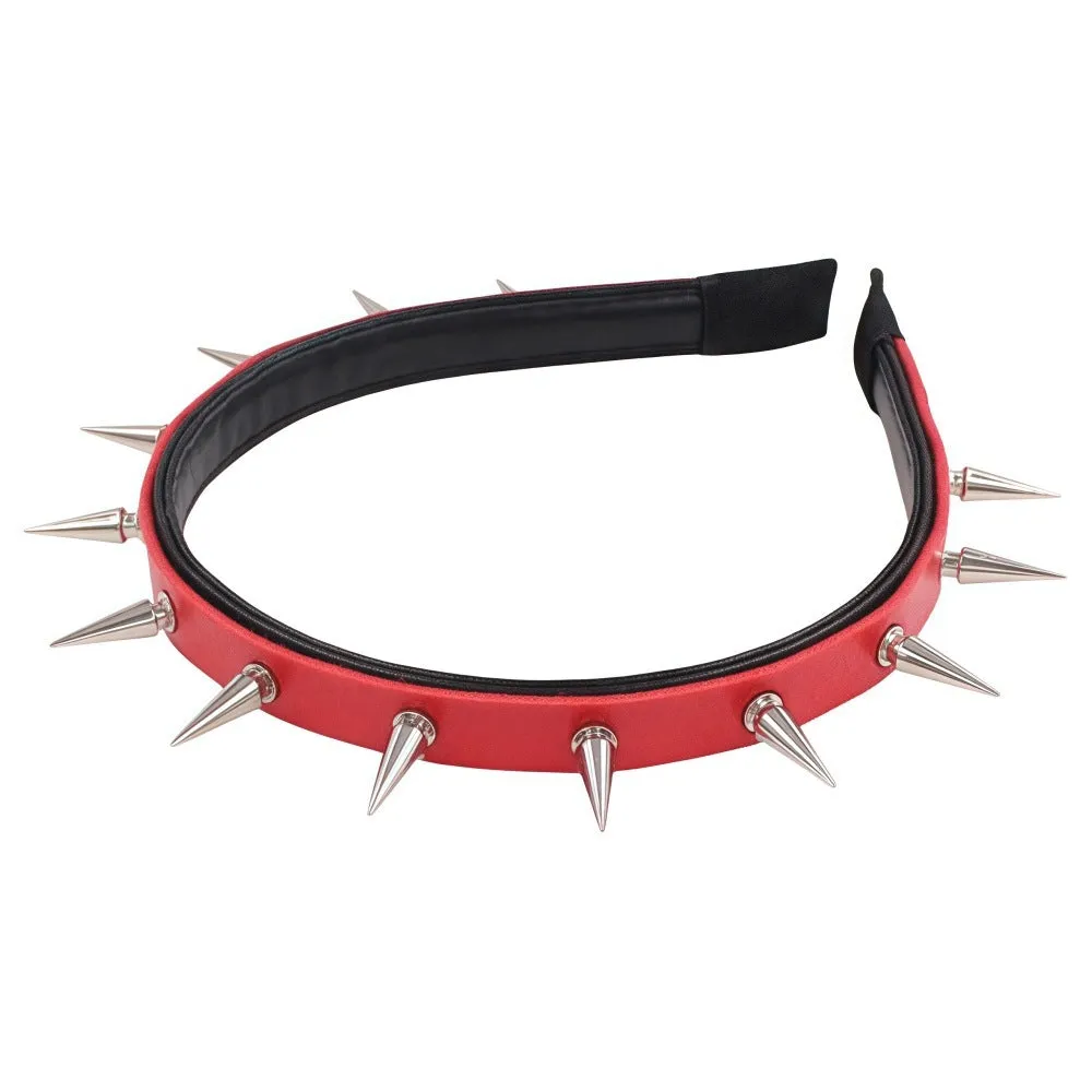Punk rivet headband in black metal with tapered pointed nail spikes, unisex hair accessory on a solid background
